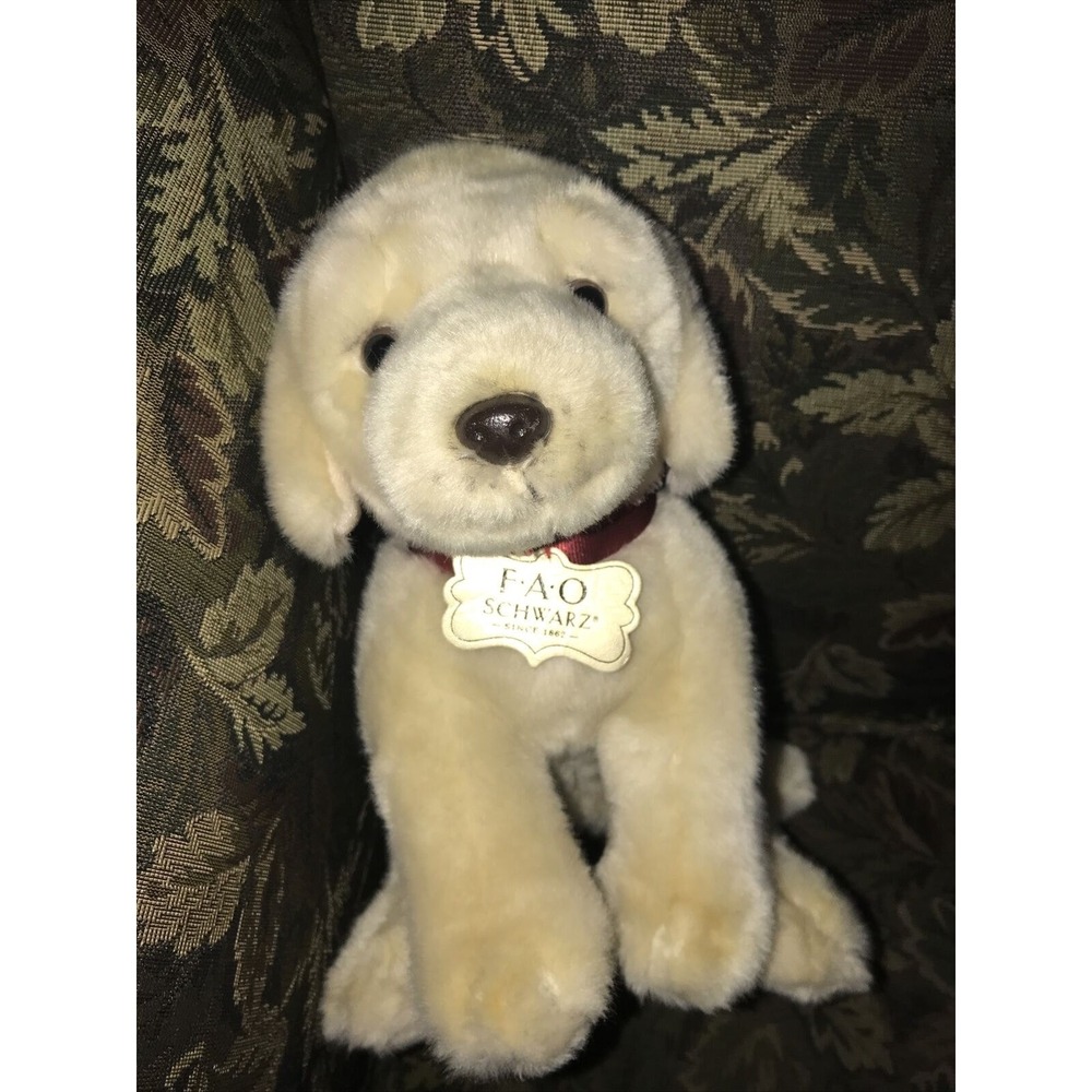 FAO Schwarz‎ Labrador Puppy Dog 10" Tall Plush Stuffed Animal Toy Yellow Lab Red